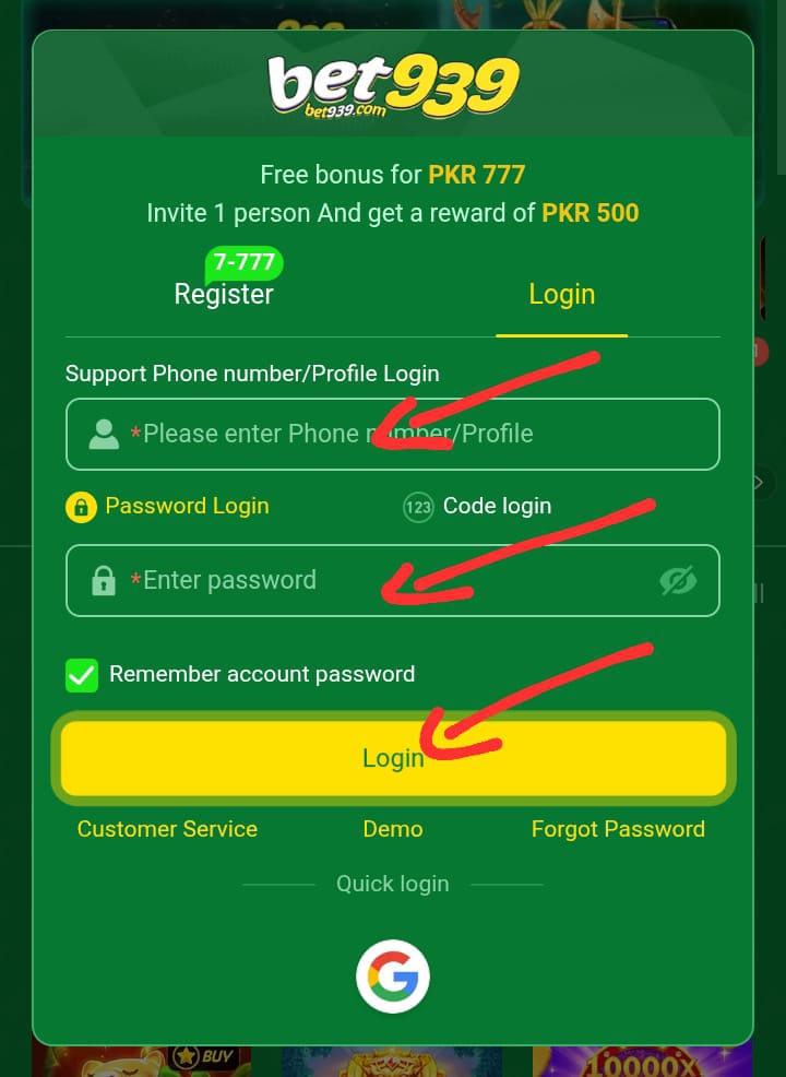 Bet939 login page